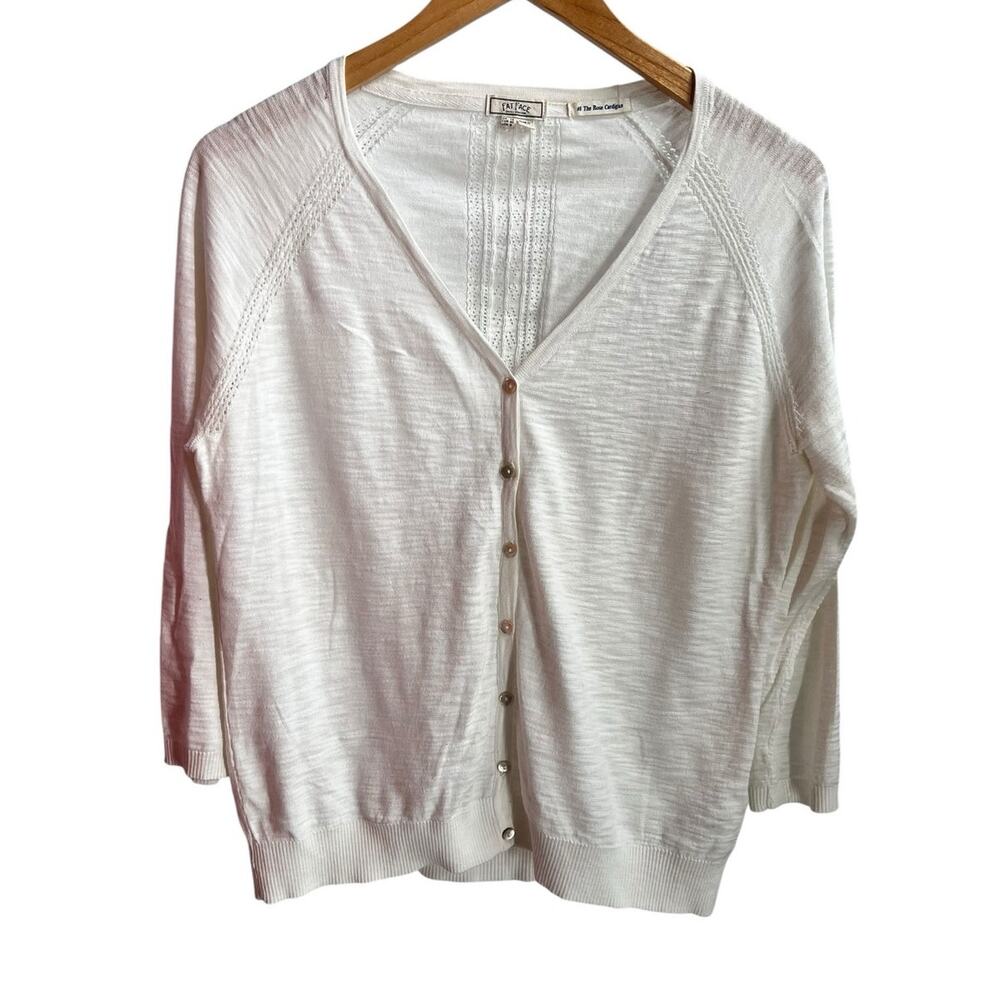 Fat Face White V-Neck 100% Cotton Slub Knit Lighweight 3/4 Sleeve Cardigan Sz. 8